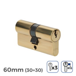Edm Cylindre de serrure en laiton 60 mm (30+30 mm) avec came longue r15, doré