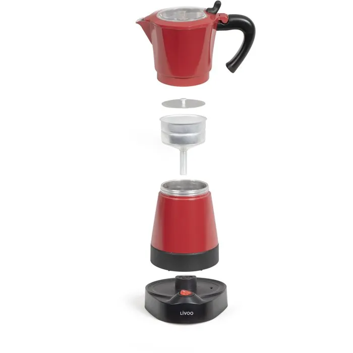 Livoo Cafetière italienne électrique DOD117RC - 300 ml (6 tasses) - 480 W - Fonction maintien au chaud - Rouge/Noir