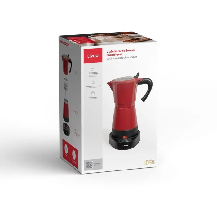 Livoo Cafetière italienne électrique DOD117RC - 300 ml (6 tasses) - 480 W - Fonction maintien au chaud - Rouge/Noir