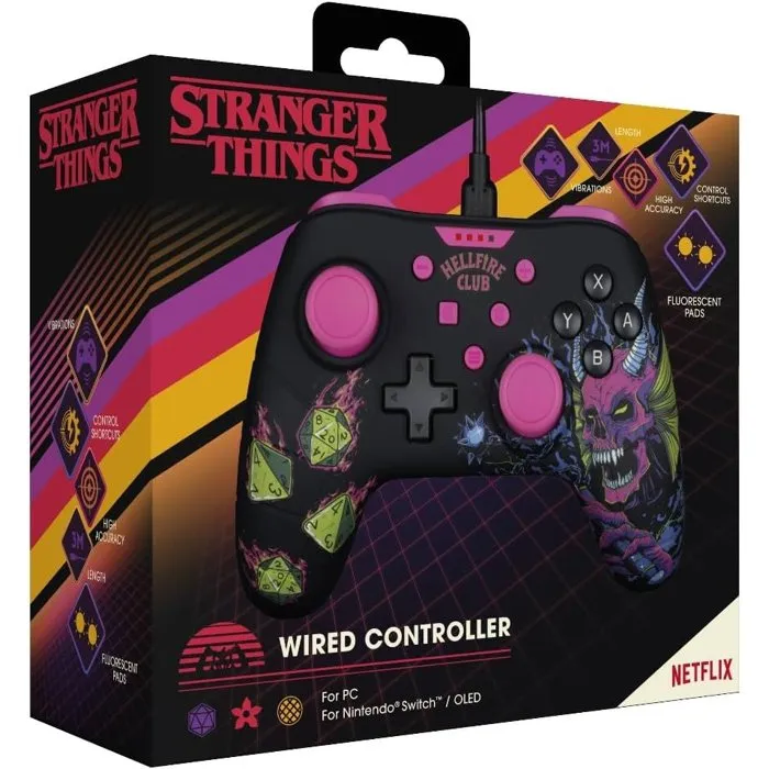Konix - Manette de jeu Nintendo Switch, Switch 2 et PC - Stranger Things - Filaire avec câble USB de 3 m - Noir et rose - Vibration - Bouton capture d'écran