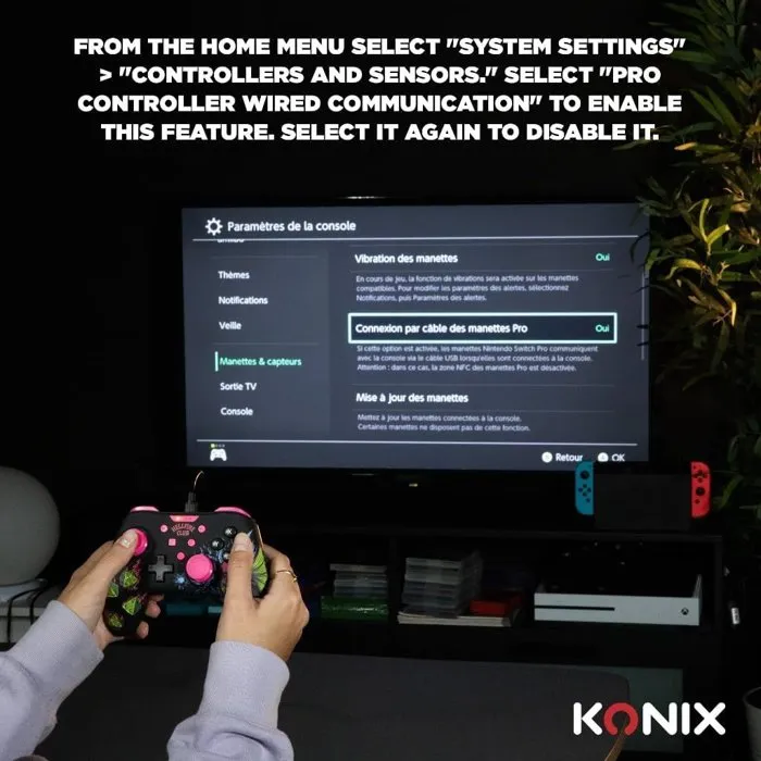 Konix - Manette de jeu Nintendo Switch, Switch 2 et PC - Stranger Things - Filaire avec câble USB de 3 m - Noir et rose - Vibration - Bouton capture d'écran