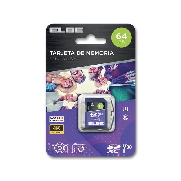 Elbe SD-3064 Carte mémoire SD 64GB Classe U3 V30 pour enregistrement vidéo 4K UHS-I
