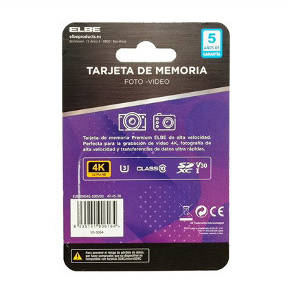 Elbe SD-3064 Carte mémoire SD 64GB Classe U3 V30 pour enregistrement vidéo 4K UHS-I
