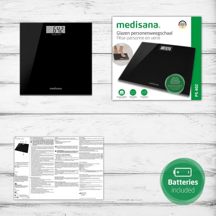 Medisana PS 402 Pèse-personne en verre noir 180 kg écran LCD rétroéclairé
