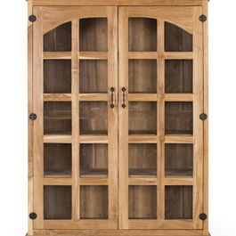 GINER Y COLOMER Bibliothèque en bois de teca massif naturel avec 2 portes vitrées à multiples carreaux et 5 étagères, 180 x 130 x 45 cm