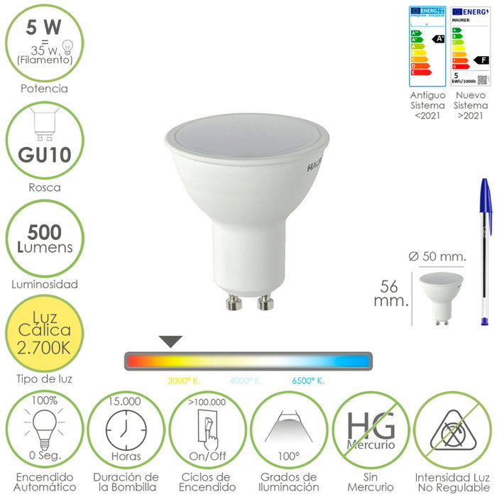 MAURER Ampoule LED Dichroïque GU10 5W Lumière Chaude MAURER Ampoule LED Dichroïque GU10 5W Lumière Chaude
