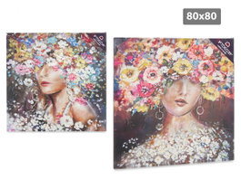 GIFTDECOR Lot de 2 Toiles Peintes Femme Couronne de Fleurs 82x82cm Noir/Coloré