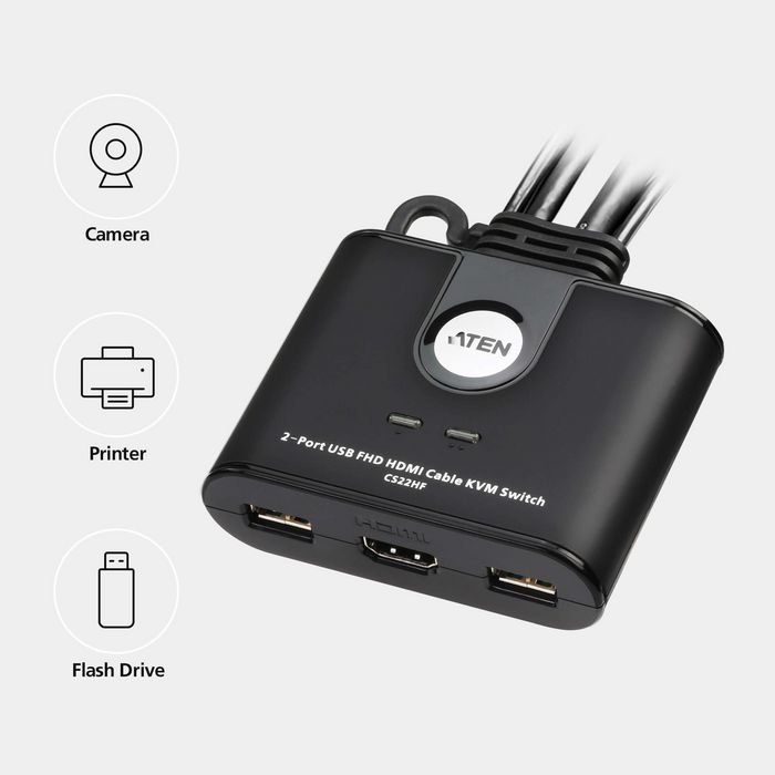 Aten CS22HF - Commutateur KVM 2 ports USB et HDMI câblé avec sélecteur distant - Vidéo Full HD 1080p/1200p à 60 Hz - Prise en charge multiplateforme (Windows, Mac, Linux)