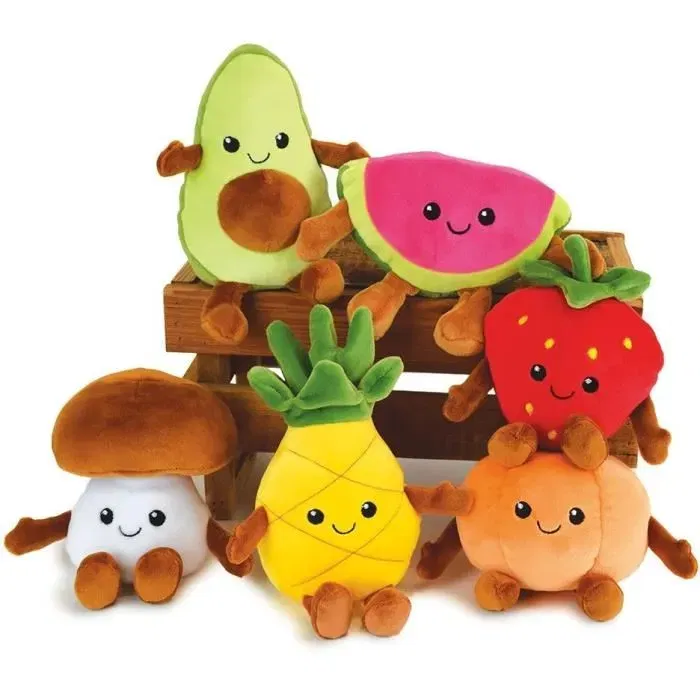 Jemini Cagette de 6 Peluches Fruits et Légumes Douces et Lavables - Avocat, Ananas, Champignon, Citrouille, Fraise, Pastèque, environ 17 cm - Jouet Ludo-Éducatif