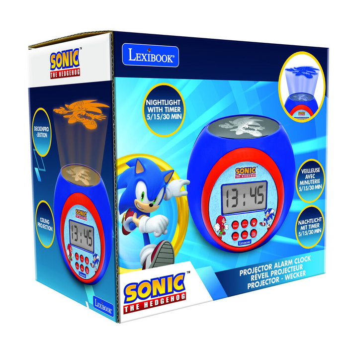 LEXIBOOK Réveil Projecteur Sonic the Hedgehog - Alarme avec Répétition, Lumière Nocturne à Temporisateur, Affichage LCD, Fonctionne sur Piles
