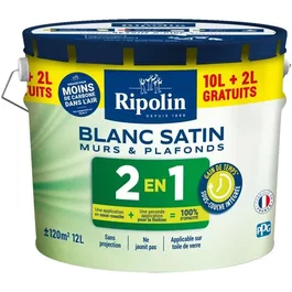 Ripolin - Peinture Murs et Plafonds 2 en 1 Ultra-Couvrante Blanc Satin avec sous-couche intégrée - 10L + 2L offerts