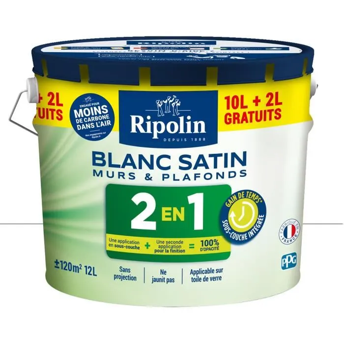 Ripolin - Peinture Murs et Plafonds 2 en 1 Ultra-Couvrante Blanc Satin avec sous-couche intégrée - 10L + 2L offerts