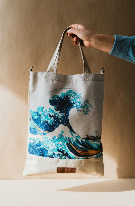 ERIK Sac shopping coton bio La Grande Vague de Kanagawa de Hokusai - 28x40 cm avec 2 anses courtes, 2 anses longes et doublure intérieure - 80% coton bio, 20% polyester