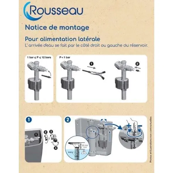 Edouard Rousseau Robinet Flotteur pour Réservoir WC Latéral avec Clapet Anti-Refoulement et Fermeture Anti-Coup de Bélier - Robinetterie de Chasse d'Eau