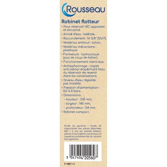 Edouard Rousseau Robinet flotteur pour réservoir WC latéral avec clapet anti-refoulement