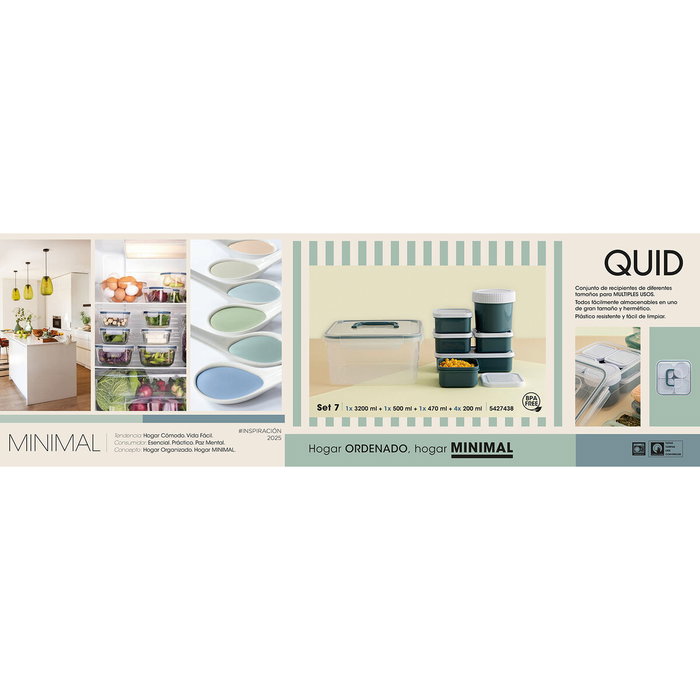 Quid Set 7 Récipients Hermétiques Plastique Minimal (3200 mL, 500 mL, 470 mL, 200 mL) Verts, Adaptés Micro-ondes et Frigo