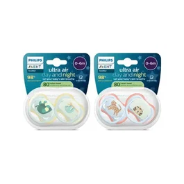 Philips Avent SCF087/22 - Lot de 4 sucettes Ultra Air pour jour et nuit, sans BPA, jaune/orange, apaisantes, respirantes, brillent dans le noir, à 80% d'origine végétale