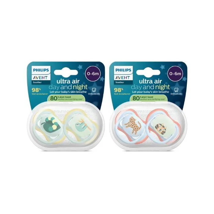 Philips Avent SCF087/22 - Lot de 4 sucettes Ultra Air pour jour et nuit, sans BPA, jaune/orange, apaisantes, respirantes, brillent dans le noir, à 80% d'origine végétale Philips Avent SCF087/22 - Lot de 4 sucettes Ultra Air pour jour et nuit, sans BPA, jaune/orange, apaisantes, respirantes, brillent dans le noir, à 80% d'origine végétale