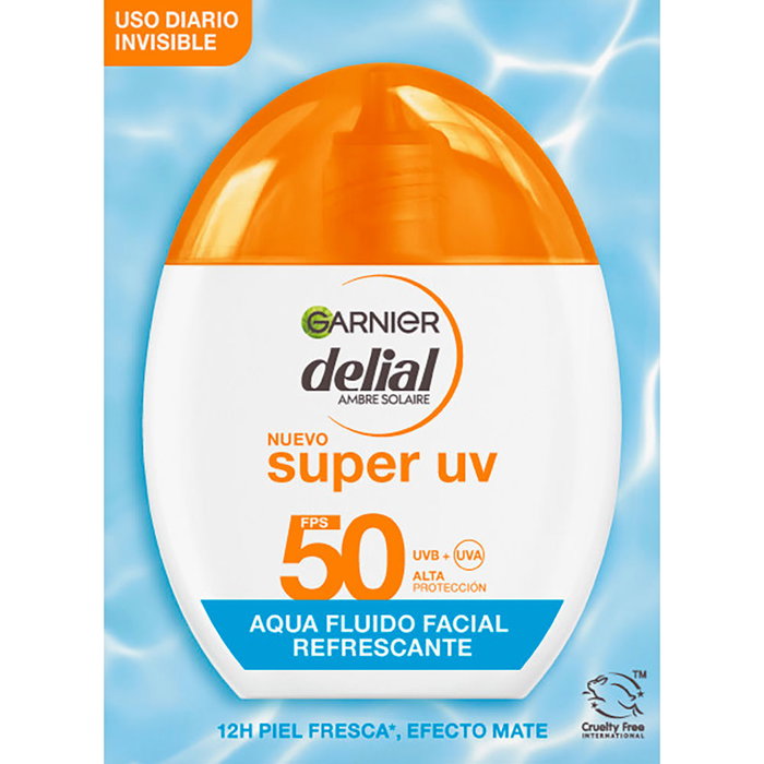 Garnier DELIAL SUPER UV fluide rafraîchissant visage SPF50 40 ml - Protection solaire invisible anti-UV et pollution avec acide hyaluronique, fini mat, unisexe