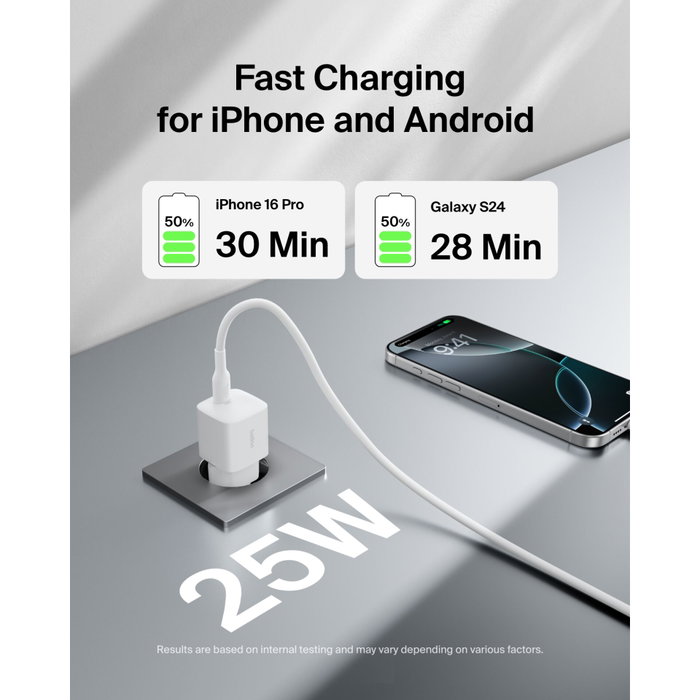 Belkin Chargeur de secteur 25 W USB-C avec câble USB-C de 1 m - Blanc