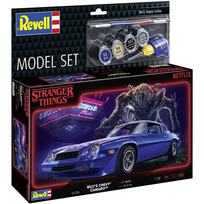 Revell Maquette de voiture Stranger Things - Billy's Chevy Camaro Z/28 1:24 - Kit avec colle, peintures et pinceaux - Model Set