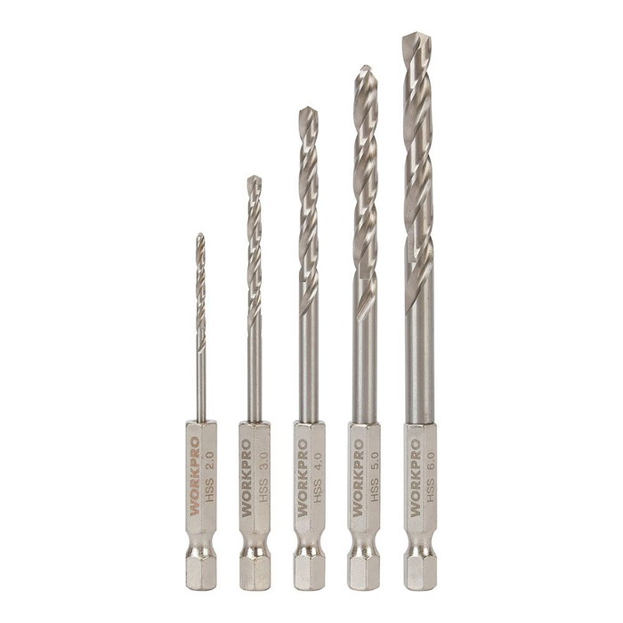 Workpro Jeu de 5 forets à tige hexagonale 1/4 po pour métal, ø2,00 - ø6,00 mm Workpro Jeu de 5 forets à tige hexagonale 1/4 po pour métal, ø2,00 - ø6,00 mm