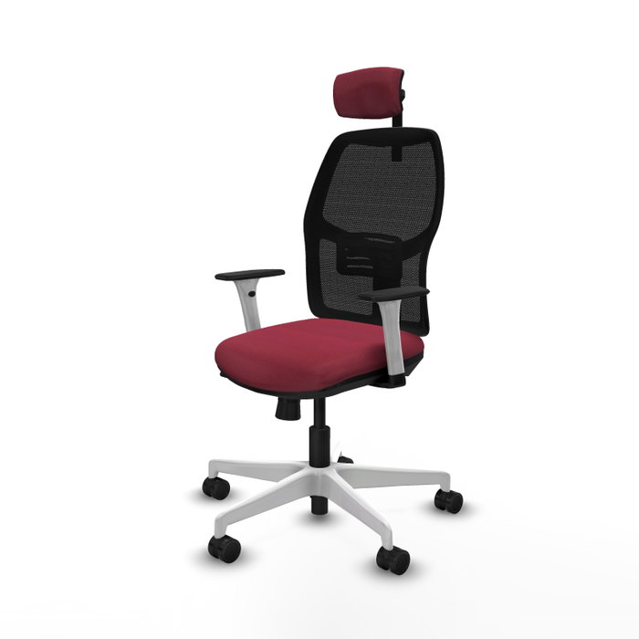 Chaise Alfera Synchrone/Traslack Maille/tissu Bordeaux Maille Noir Structure polyamide blanc Accoudoirs noirs et blancs Appui-tête 2D Roulettes 65mm nylon