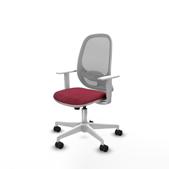 Chaise Cilanco Synchro 3 positions tissu Bordeaux Maille Gris Structure polyamide blanc Accoudoirs blancs Sans appui-tête Roulettes 65mm nylon