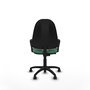 Chaise de bureau Algarra avec mécanisme de contact permanent de base, rembourrée de tissu vert émeraude. Équipée d'une base en polyamide noir, d'accoudoirs fixes et de roulettes pour parquet.