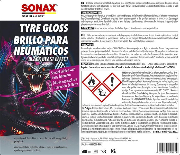 Sonax Brillant Pour Pneus SX04344000 Gel Nettoyant Pneus Noir Brillant Parfum Baies