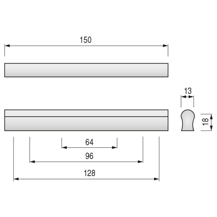 TRENTADUE Tirador Maiola Poignée plastique pour meuble finition RAL 9006 - Distances entre fixations 64 mm, 96 mm ou 128 mm pour portes et tiroirs de cuisine, salle de bain, bureau