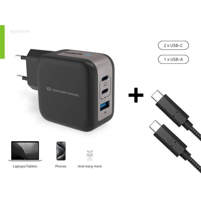 Conceptronic ALTHEA17B Chargeur mural 67W Noir avec 2 ports USB-C et 1 port USB-A PD 3.0 QC 3.0 Conceptronic ALTHEA17B Chargeur mural 67W Noir avec 2 ports USB-C et 1 port USB-A PD 3.0 QC 3.0