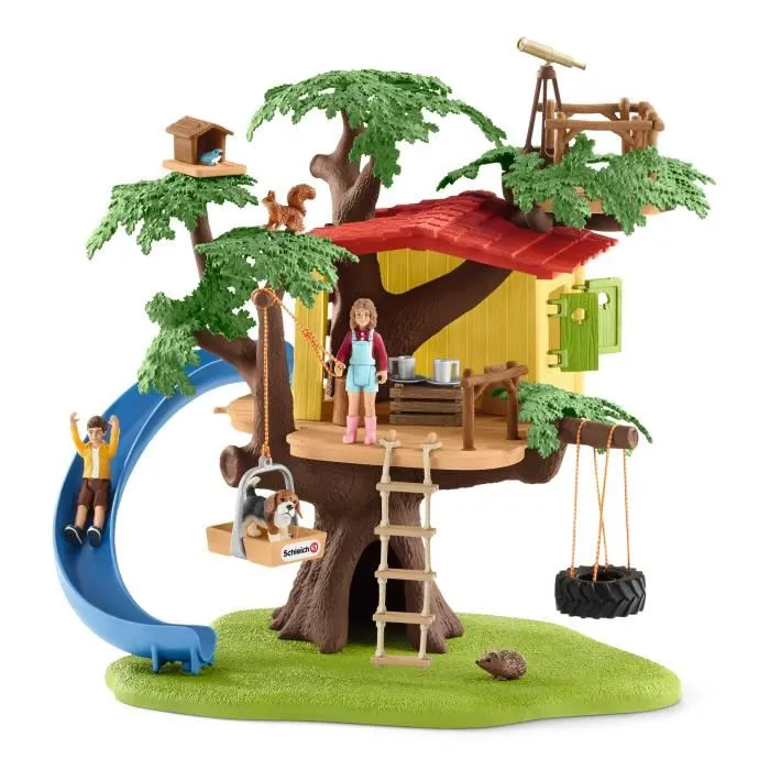Schleich 42408 Farm World - Cabane aventure dans les arbres, coffret de 60 pièces avec balançoire, 2 figurines enfants et animaux, jouet ferme dès 3 ans