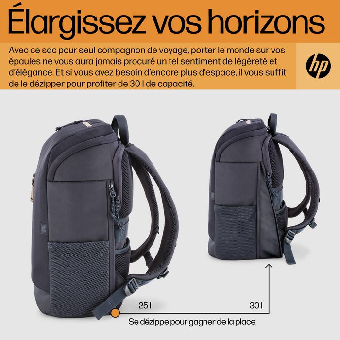 HP Sac à dos Travel pour ordinateur portable 15,6 pouces, 25 litres, bleu, fabriqué à partir de plastique recyclé