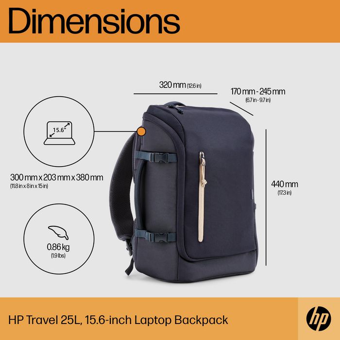 HP Sac à dos Travel pour ordinateur portable 15,6 pouces, 25 litres, bleu, fabriqué à partir de plastique recyclé