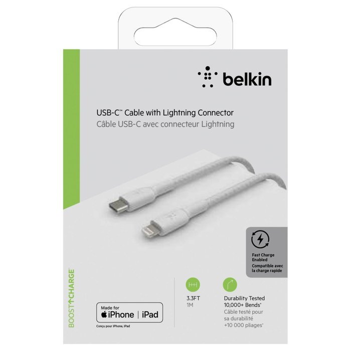 Belkin Câble Boost Charge Lightning vers USB-C tressé, 1 m, Blanc