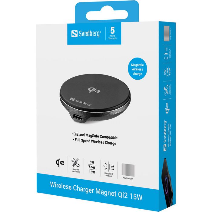 Sandberg Chargeur sans fil magnétique Qi2 15W avec support MagSafe, compact en aluminium Sandberg Chargeur sans fil magnétique Qi2 15W avec support MagSafe, compact en aluminium