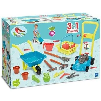 Ecoiffier Super Pack Jardin 3 en 1 - Tondeuse à gazon, outils de plantation et brouette - Jeu d'imitation extérieur pour enfant - Jouet en plastique fabriqué en France