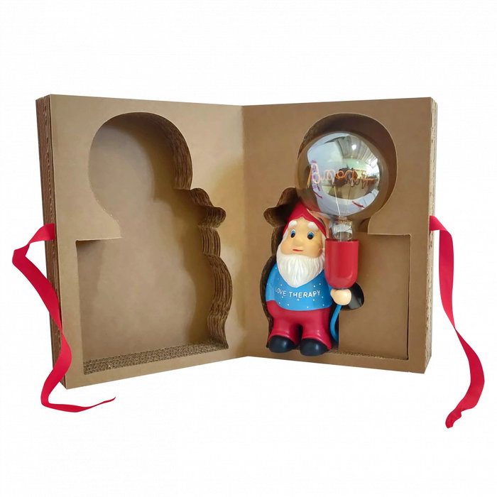 Gnome en céramique "Amore" bleu/rouge avec ampoule LED
