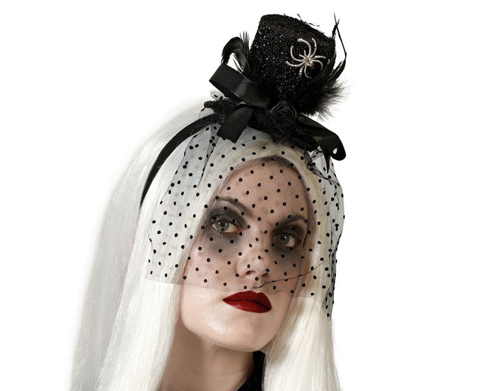 Atosa Mini Sombrero à Paillettes Noir avec Voile et Araignée Atosa Mini Sombrero à Paillettes Noir avec Voile et Araignée