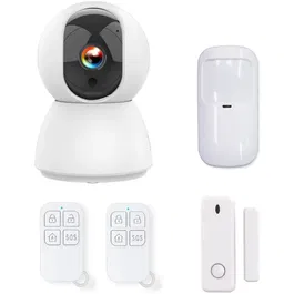 Kyf Kit d'Alarme Évolutif KYF - Système de Sécurité Intelligent avec Caméra IP PT 4MP WiFi 434Mhz, Sirène, Détecteur de Mouvement et d'Ouverture, 2 Télécommandes