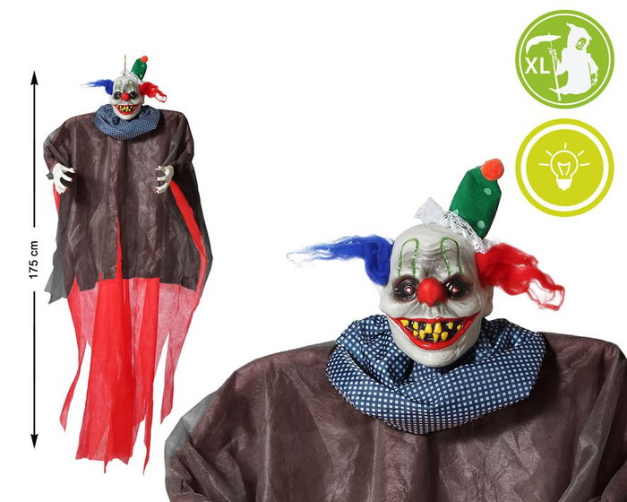 Clown Suspendu Géant avec Cheveux Tricolores et Lumière 175 cm - Décor d'Halloween pour Jardin, Porte ou Vitrine Clown Suspendu Géant avec Cheveux Tricolores et Lumière 175 cm - Décor d'Halloween pour Jardin, Porte ou Vitrine