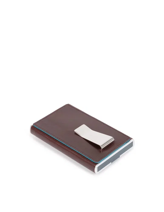 Piquadro Blue Square Porte-cartes en cuir Acajou avec pince à billets
