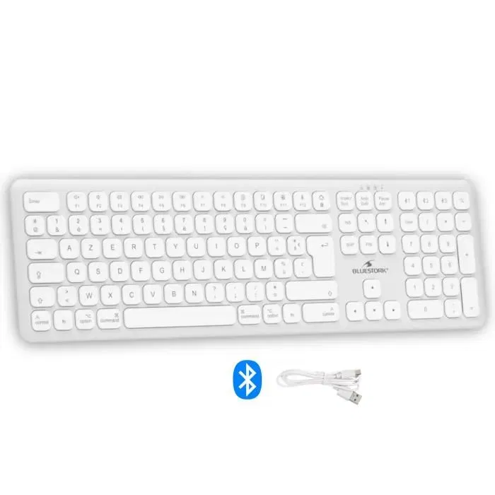 Bluestork Clavier sans fil Bluetooth KB BT MAC V2 pour Mac, Full Size, rechargable, blanc, design plat ergonomique, touches concaves