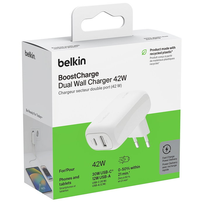 Belkin Boost Charge WCB009vfWH 42W - Chargeur mural USB-C et USB-A blanc Belkin Boost Charge WCB009vfWH 42W - Chargeur mural USB-C et USB-A blanc