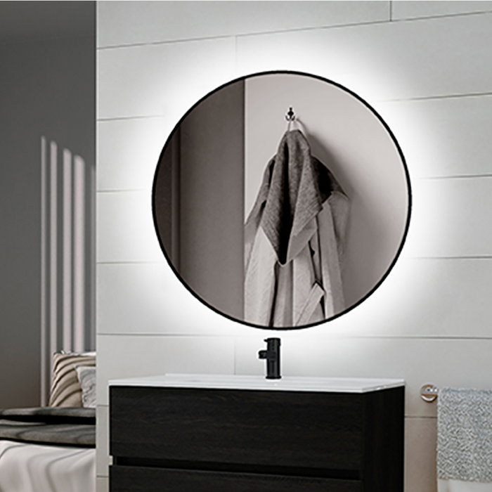 Emuca Miroir Zeus avec éclairage LED et cadre noir, Ø 80 cm