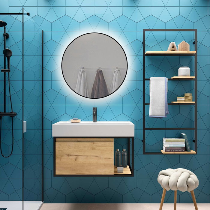 Emuca Miroir Zeus avec éclairage LED et cadre noir, Ø 80 cm