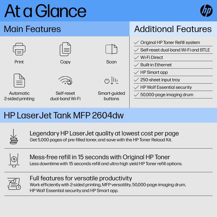 HP LaserJet Tank MFP 2604dw - Imprimante multifonction laser sans fil avec toner pré-rempli, impression recto verso et scan vers PDF/e-mail