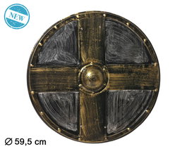 Atosa Bouclier Médiéval Rond 59,5 cm avec Croix Dorée et Effet Métallique