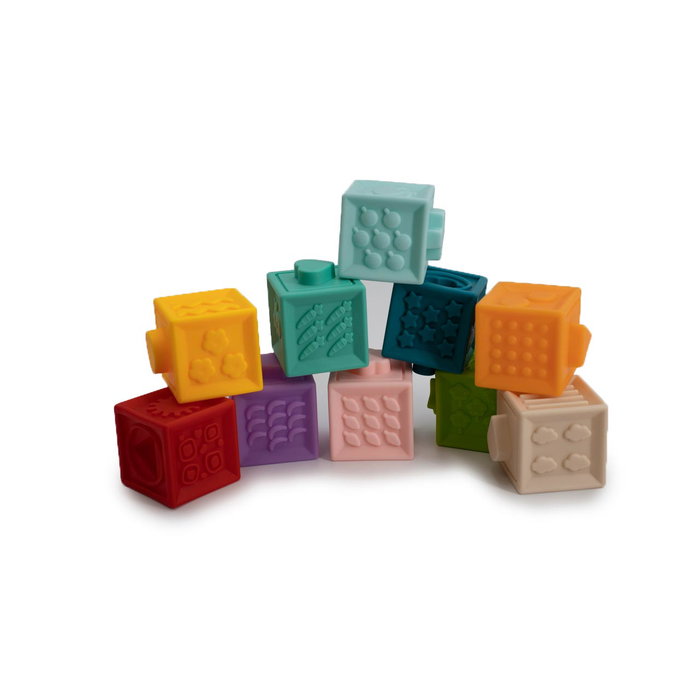 Tachan - Set de 10 cubes de numération et d'empilage en caoutchouc souple - Jouet éducatif multi-couleurs pour motricité fine (Dès 6 mois)
